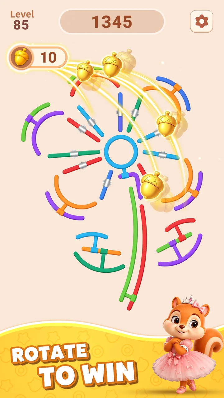 Rotate Rings promotional image with colorful rings, acorns and a squirrel
